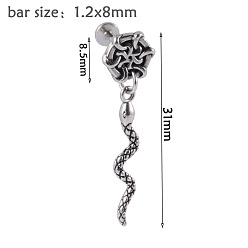 Змея 304 безрезьбовая серьга-гвоздик из нержавеющей стали, козелок шпилька, плоская серьга сзади, цвет нержавеющей стали, змея, 8 мм, штифты : 1.2 мм