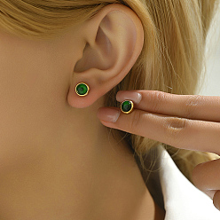 Green Real 18K Gold Plated 304 Stainless Steel Flat Round Stud Earrings, with Plastic, Green, 8mm
