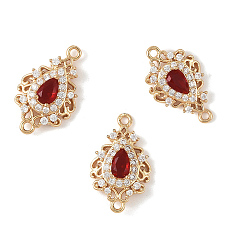 Red 3Pcs Brass Micro Pave Cubic Zirconia Links Connectors, Long-Lasting Plated, Teardrop, Light Gold, Red, 20x12x5mm, Hole: 1.4mm