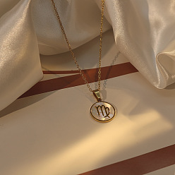 Дева 304 Женские кулоны из нержавеющей стали с натуральными ракушками, плоскими и круглыми, с созвездиями, реальный 18 k позолоченный, цвет морской раковины, Дева, 15.75 дюйм (40 см)