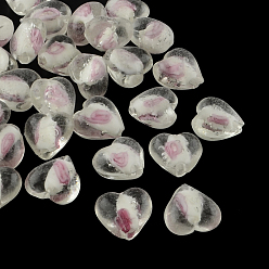 Белый Ручной светящихся внутренний цветок Lampwork бисер, сердце, белые, 15~16x15~16x9~10 мм, отверстие : 1~2 мм