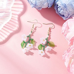 Белый 304 из нержавеющей стали болтаться серьги, со стеклянными семенами и акрилом, цветок, золотые, белые, 49~51 мм