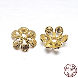 Real 18K Gold Plated Real 18K Gold Plated 6-Petal 925 Sterling Silver Bead Caps, Flower, Golden, 12x5mm, Hole: 2mm, about 24pcs/20g