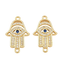 Real 18K Gold Plated Brass Micro Pave Marine Blue Cubic Zirconia Connector Charms, Hamsa Hand with Evil Eye Links, Rack Plating, Long-Lasting Plated, Cadmium Free & Lead Free, Real 18K Gold Plated, 22x14x2.5mm, Hole: 1.4mm