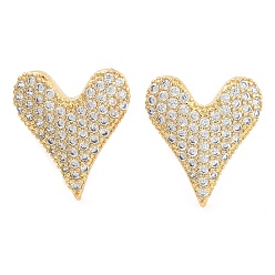 Golden Brass Micro Pave Clear Cubic Zirconia Stud Earrings, Heart, Golden, 16mm