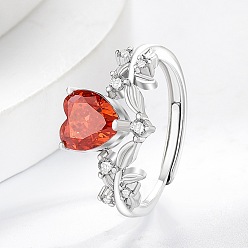 Roja Anillos de dedo con pavé de latón y circonitas cúbicas, corazón, Platino, rojo, 21 mm