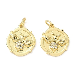 Настоящее золото 18K Латунные микропаве прозрачные подвески с фианитом, плоский круглый с пчелами, долговечный, без кадмия и без свинца, стойки покрытие, с целью перехода в кольце, реальный 18 k позолоченный, 16.5x14.5x3 мм, отверстие : 3.6 мм