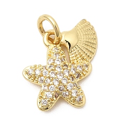 Морская звезда Подвески из латуни с прозрачным фианитом, без свинца и без кадмия, долговечный, реальный 18 k позолоченный, морская звезда, 16x12x3 мм, Перейти кольцо: 5x1 мм, внутренний диаметр: 3 мм