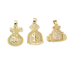 Настоящее золото 18K Подвески из прозрачного кубического циркония с микропейвом, денежный мешок с подвесками в виде знака доллара, без свинца и без кадмия, долговечный, стойки покрытие, реальный 18 k позолоченный, 22~29x19.5~29x5~6.5 мм, отверстие : 6x4 мм