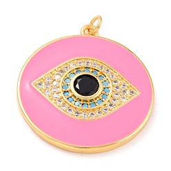 Pink Real 18K Gold Plated Brass Micro Pave Cubic Zirconia Pendants, with Jump Ring and Enamel, Long-Lasting Plated, Flat Round with 
Evil Eye, Pink, 33x30x4mm, Jump Ring: 5x1mm, 3mm Inner Diameter