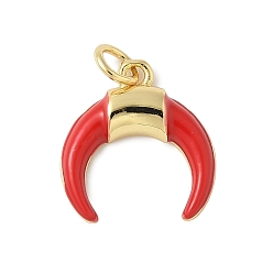 Красный Латунь эмаль подвески, двойной рог / полумесяц, с целью перехода в кольце, без свинца и без кадмия, долговечный, стойки покрытие, реальный 18 k позолоченный, красные, 15.5x14.5x3 мм, отверстие : 3.4 мм