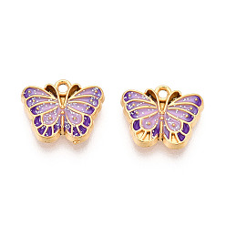 Лиловый 304 подвески из нержавеющей стали и эмалевой блестящей пудры, бабочки прелести, ионное покрытие (ip), реальный 18 k позолоченный, сирень, 11x13.2x2.2 мм, отверстие : 1.2~1.4 мм