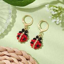 Красный Стекло бисер мотаться серьги, с 304 серьгами из нержавеющей стали, коровка, золотые, красные, 34x13 мм