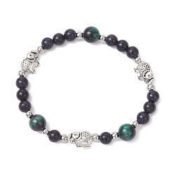 Смешанные камни Женские эластичные браслеты из синтетического синего золота и натурального тигрового глаза, с подвеской в виде слона из сплава в тибетском стиле, внутренний диаметр: 2-1/8 дюйм (5.3 см)