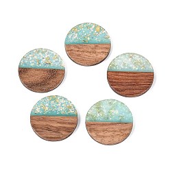 Средний Бирюзовый Подвески из непрозрачной смолы и орехового дерева, плоские круглые прелести, с блестящей пудрой и золотой фольгой, средне бирюзовый, 28x3~4 мм, отверстие : 2 мм