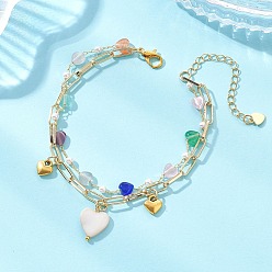 Настоящее золото 18K Браслет из латунной цепочки в виде скрепки, сердечка «кошачий глаз» и цепочки из пластиковых жемчужных бусин, состоящий из двух слоев, для женщин., с подвесками из натуральных пресноводных раковин и сплава в форме сердца., реальный 18 k позолоченный, 7.76 дюйм (19.7 см)