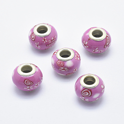 Ярко-Розовый Европейские бусины, полимерная глина, ручная работа, с латунными сердечниками с серебряным покрытием, бусины с большим отверстием, Rondelle с цветочным узором, ярко-розовый, 13~16x8~11 мм, отверстие : 4.5~5 мм