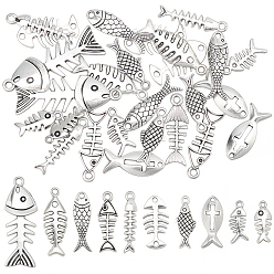 Antique Silver 40Pcs 10 Styes Tibetan Style Alloy Pendants, Fishbone & Fish, Antique Silver, 16~35.5x5.3~12.5x1.3~3.5mm, Hole: 1.2~2mm, 4pcs/style