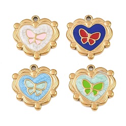 Золотой 304 подвески из нержавеющей стали, с эмалью, сердце с подвесками в виде бабочек, золотые, 17.5x17.5x2 мм, отверстие : 1.4 мм