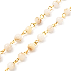 Golden Handmade Chains. Natural Freshwater Shell Round Bead Chain, with Iron Eye Pin, Golden, 1000mm