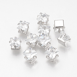Platinum Cubic Zirconia Cabochons, with Iron Findings, Square, Platinum, 6x6x5mm, Bottom: 4.5x4.5mm