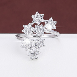 Silver Brass Micro Pave Cubic Zirconia Cuff Open Rings for Women, Flower, Silver, 15~20mm
