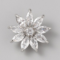 Платина 1-отверстие из латуни с кубическим цирконием на хвостовике, цветок, платина, 17x17x8 мм, отверстие : 2 мм