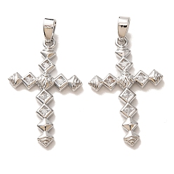 Platinum Brass Micro Pave Clear Cubic Zirconia Pendants, Cross with Rhombus Charms, Platinum, 26.5x17x2.5mm, Hole: 4x2mm
