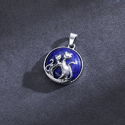 Lapis Lazuli Flat Round with Cat Natural Lapis Lazuli Pendants, with Platinum Alloy Finding, 32x22mm