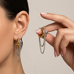 Real Gold Plated & Stainless Steel Color 304 Stainless Steel Stud Earrings for Women, with Chains, Half Hoop Earrings, Real Gold Plated & Stainless Steel Color, 45x9mm