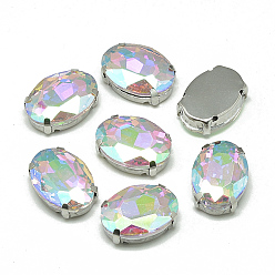 Хрусталь AB Шить на горный хрусталь, многожильных ссылки, стекло горный хрусталь, с настройками латуни, аксессуары для одежды, граненые, овальные, платина, хрусталь AB, 25x18 мм