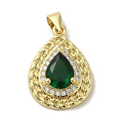 Зеленый Латунные микро проложить кубического циркония подвески, со стеклом, без кадмия, без никеля и без свинца, реальный 18 k позолоченный, слеза, зелёные, 21.5x16x6 мм, отверстие : 3.5x3 мм