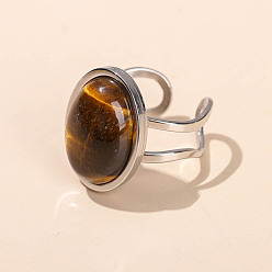 Тигровый глаз 304 Кольца-манжеты из нержавеющей стали и натурального тигрового глаза, овальные, серебряные, внутренний диаметр: 18 мм