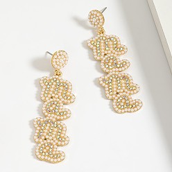 Белый Серьги-гвоздики из сплава со стразами ко Дню матери, Слово мама, золотые, белые, 20x60 мм