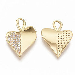 Real 18K Gold Plated Brass Micro Pave Cubic Zirconia Pendants, Nickel Free, Real 18K Gold Plated, Heart, Clear, 22x16.5x1.5mm, Hole: 4x3mm