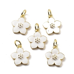 Белый Латунь эмаль прелести, цветочный шарм, с целью перехода в кольце, стойки покрытие, долговечный, без свинца и без кадмия, реальный 18 k позолоченный, белые, 13x11x3 мм, отверстие : 3 мм