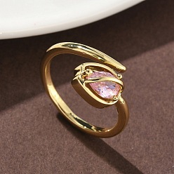 Бледно-Розовый Кольца-манжеты из цветочной латуни с микропаве из кубического циркония для женщин, без кадмия и без свинца, стойки покрытие, реальный 18 k позолоченный, розовый жемчуг, 2~11 мм, размер США 7 1/4 (17.5 мм)