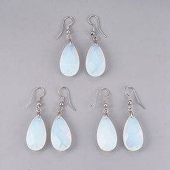 Опал Opalite болтаться серьги, с латунной фурнитурой , слеза, граненые, платина, 45~49 мм, штифты : 0.7 мм, Кулон : 24~26x13x6~7 мм