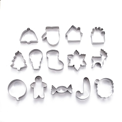 Stainless Steel Color Non-Tarnish Stainless Steel Christmas Theme Mixed Pattern Cookie Candy Food Cutters Molds, for DIY, Kitchen, Baking, Kids Birthday Party Supplies Favors, Stainless Steel Color, 32x75x20mm, 14pcs/Set