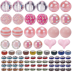 Pink 24 шт 12 стили непрозрачные акриловые бусины, круглый и сердечный, с 100шт. стразами и европейскими бусинами, розовые, 20x18 мм, отверстие : 2 мм