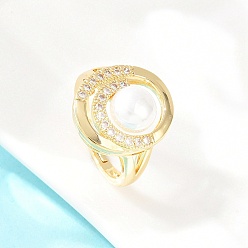 Настоящее золото 18K Кольца для женщин с микропаве из латуни и кубическими цирконами, круглые, с абс пластмассовой имитационной жемчужиной, реальный 18 k позолоченный, 18 мм, внутренний диаметр: 16.6 мм