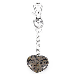 Dalmatian Jasper Natural Dalmatian Jasper Keychain, with Brass Lobster Claw Clasps and Iron Chains, Heart, Platinum, 80~86mm