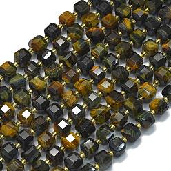 Тигровый глаз Окрашенные натуральные нити желто-голубого тигрового глаза, с бисером, граненый стол, вырезанный куб, 8~9.3x8~9.3x8~9.3 мм, отверстие : 0.6 мм, около 38 шт / нитка, 15.35'' (39 см)