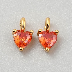Оранжево-Красный Подвески из латуни с микропаве из кубических цирконий, соответствующие знаку зодиака "Июль", сердце, граненые, оранжево-красный, 9.5x6x4.5 мм, отверстие : 2.5 мм