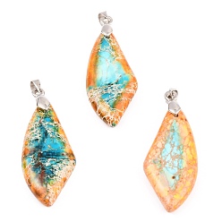 Золотистый Кулоны из натуральной императорской яшмы, с петлями из платиновой латуни, ромб, окрашенные, золотые, 40.8x15.1x5.8 мм, отверстие : 5x4 мм