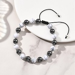 Смешанные камни Регулируемые браслеты из синтетического говлита и немагнитного синтетического гематита с круглыми плетеными бусинами для женщин и мужчин., с плетеным нейлоновым канатом, внутренний диаметр: 2.17 ~3.39 дюйм (5.5~8.6 см)