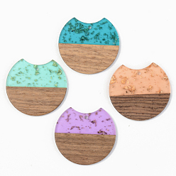 Mixed Color Transparent Resin & Walnut Wood Pendants, with Gold Foil, Gap Flat Round, Mixed Color, 34x36.5x3mm, Hole: 2mm