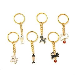 Golden Alloy Enamel Pendant Keychain, with Iron Rings, Dog & Cat & Fish Bone, Golden, 7.3~7.5cm