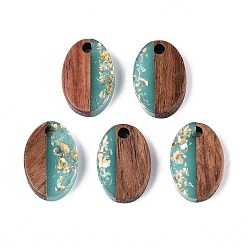 Средний Бирюзовый Подвески из непрозрачной смолы и орехового дерева, овальные амулеты, с блестящей пудрой и золотой фольгой, средне бирюзовый, 15~15.5x10x3~4 мм, отверстие : 1.8~2 мм