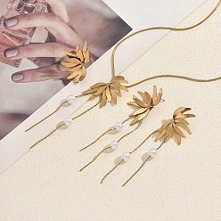 White Stainless Steel & Plastic Imitation Pearl Flower Tassels Earrings & Necklaces & Rings Sets for Women, Golden, White, 16.73 inch(42.5cm)
